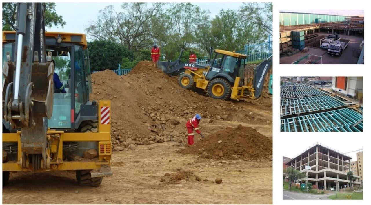 Backhoe loaders and excavators working in the Deck, Steel & Concrete plant yard